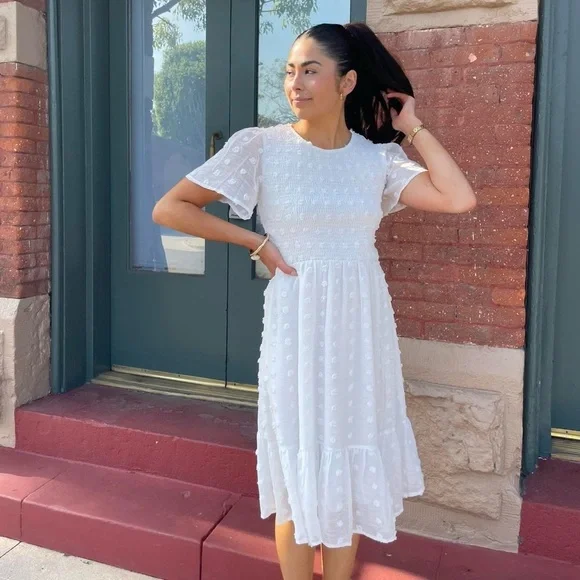 Bohemian White midi dress with polka dots and ruffle details sz M - Picture 3 of 6